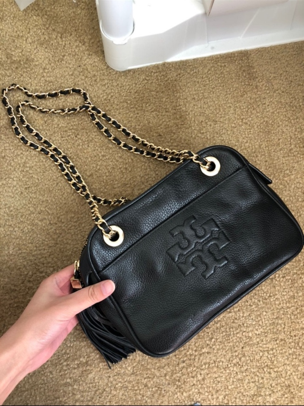 Tory Burch Black Leather Logo Chain Crossbody Bag